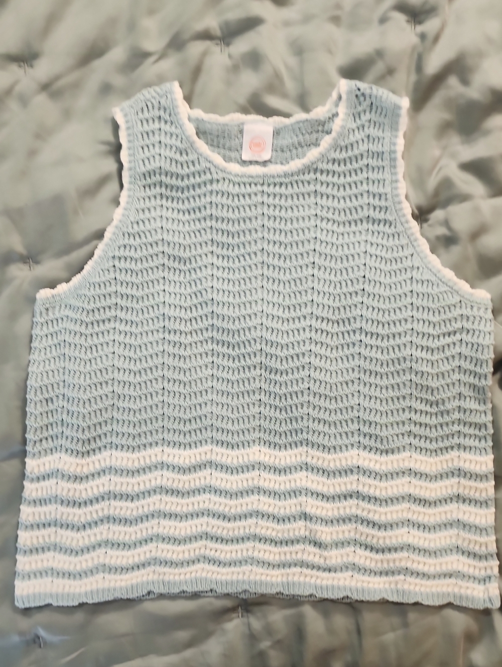 Light Blue Knit Crochet Tank Top with White Trim - Kids